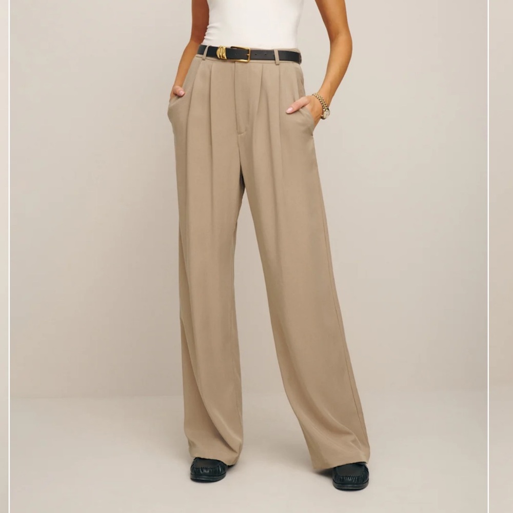 Reformation Mason Pant Taupe Wide Leg High Rise Tencel Trouser Minimal Chic